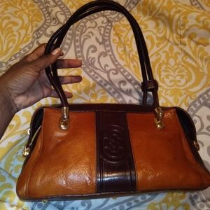 Marino Orlandi Leather Light and Dark Brown Gold Plated Satchel Handbag Purse